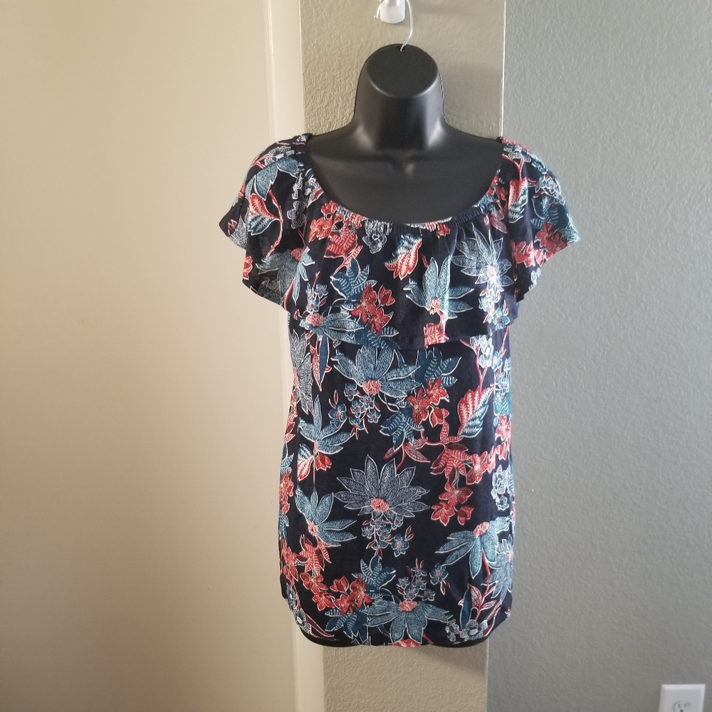 J.Jill Love linen blue floral print short sleeve ruffled top Size Small